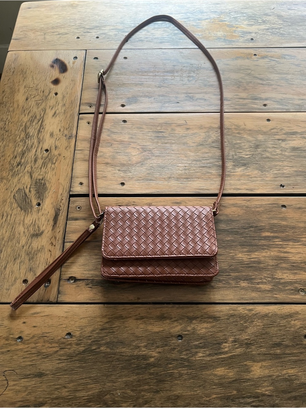 Woven Leather Crossbody Bag - Brown